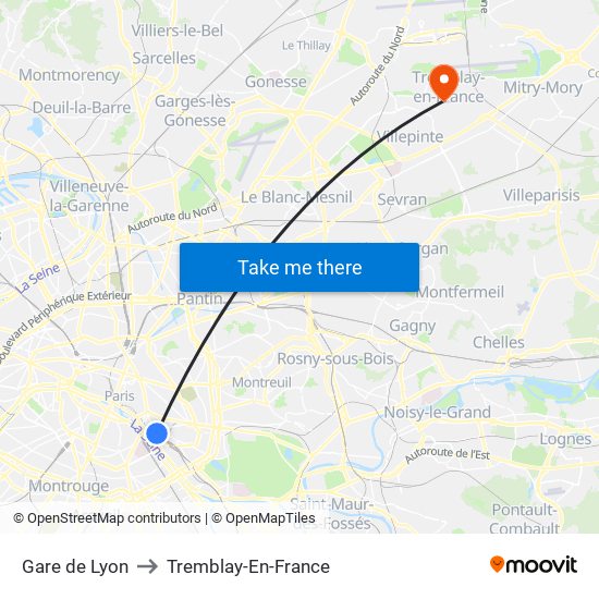 Gare de Lyon to Tremblay-En-France map