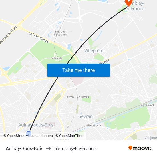 Aulnay-Sous-Bois to Tremblay-En-France map