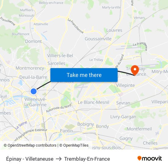 Épinay - Villetaneuse to Tremblay-En-France map