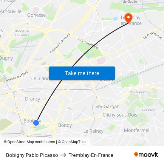 Bobigny Pablo Picasso to Tremblay-En-France map