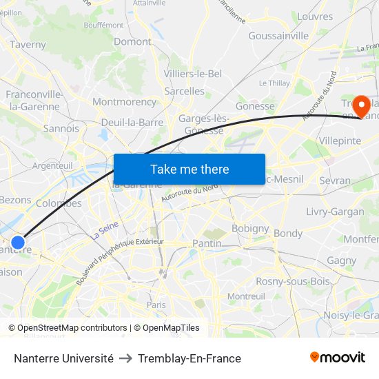Nanterre Université to Tremblay-En-France map