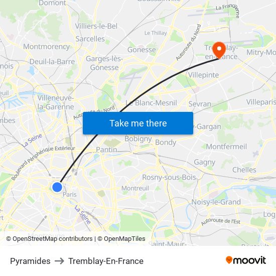 Pyramides to Tremblay-En-France map