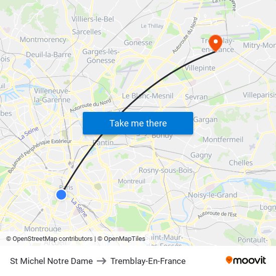 St Michel Notre Dame to Tremblay-En-France map