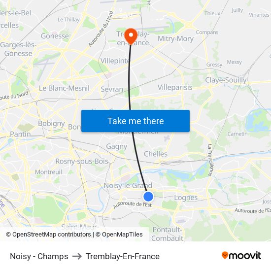 Noisy - Champs to Tremblay-En-France map
