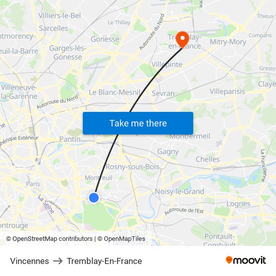 Vincennes to Tremblay-En-France map