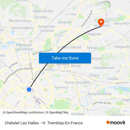 Châtelet Les Halles to Tremblay-En-France map