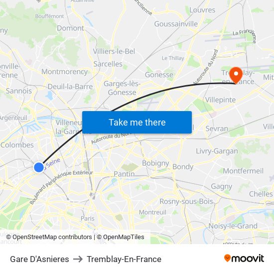 Gare D'Asnieres to Tremblay-En-France map