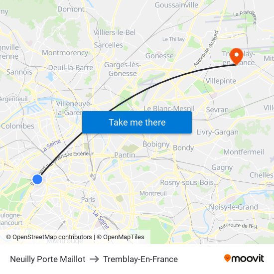 Neuilly Porte Maillot to Tremblay-En-France map