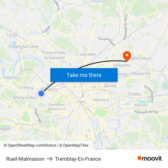 Rueil-Malmaison to Tremblay-En-France map