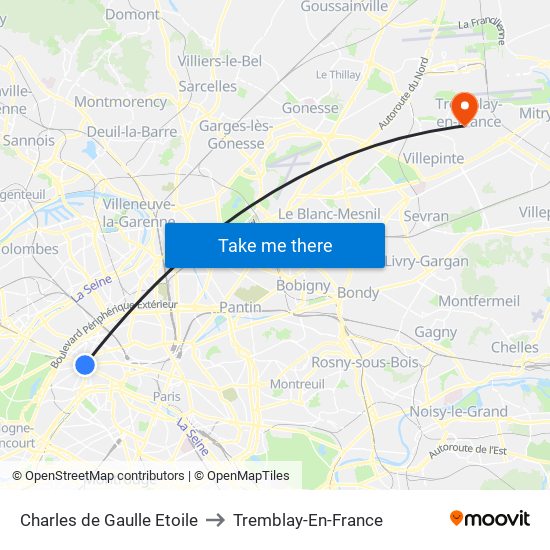 Charles de Gaulle Etoile to Tremblay-En-France map