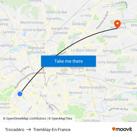 Trocadéro to Tremblay-En-France map