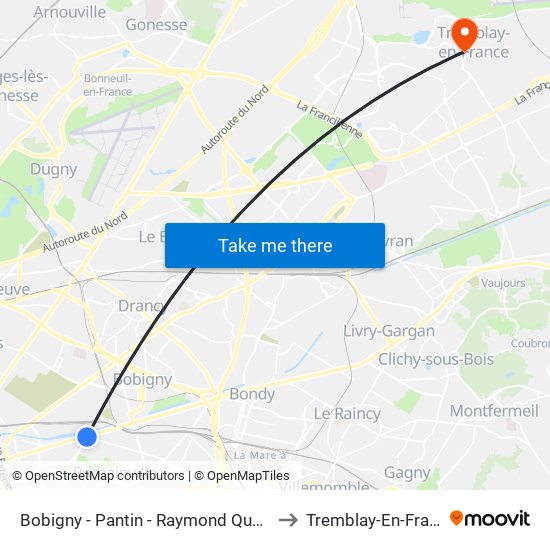 Bobigny - Pantin - Raymond Queneau to Tremblay-En-France map