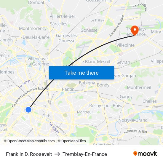 Franklin D. Roosevelt to Tremblay-En-France map