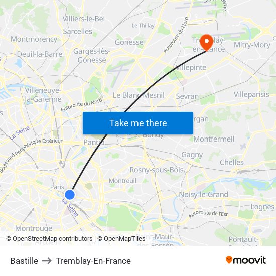 Bastille to Tremblay-En-France map