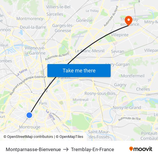 Montparnasse-Bienvenue to Tremblay-En-France map