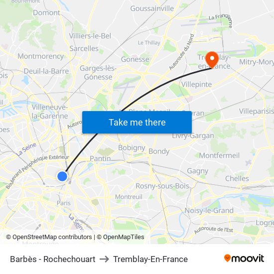 Barbès - Rochechouart to Tremblay-En-France map