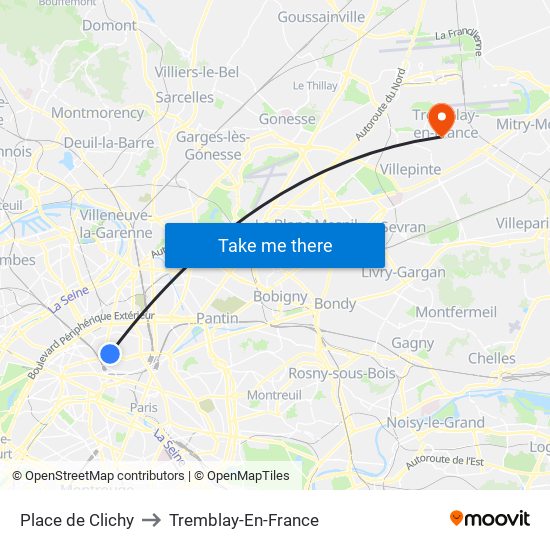 Place de Clichy to Tremblay-En-France map