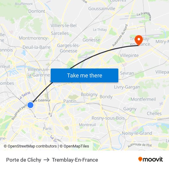 Porte de Clichy to Tremblay-En-France map