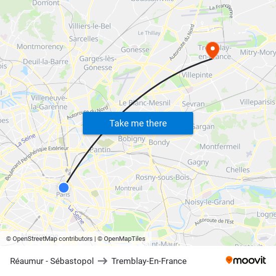 Réaumur - Sébastopol to Tremblay-En-France map