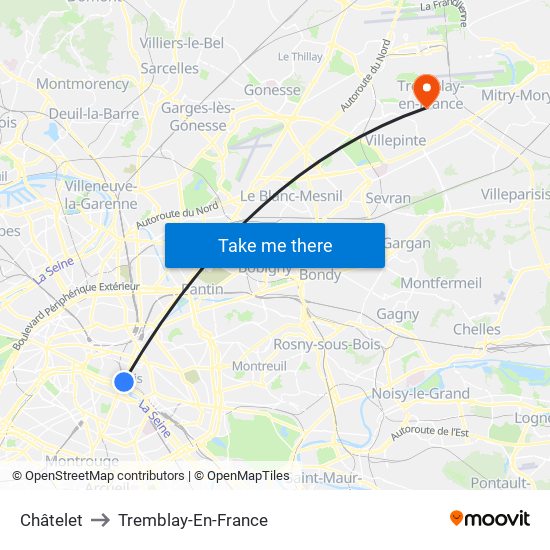 Châtelet to Tremblay-En-France map