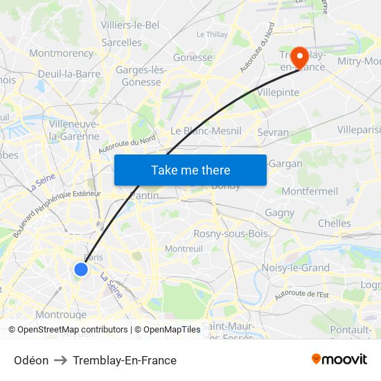 Odéon to Tremblay-En-France map
