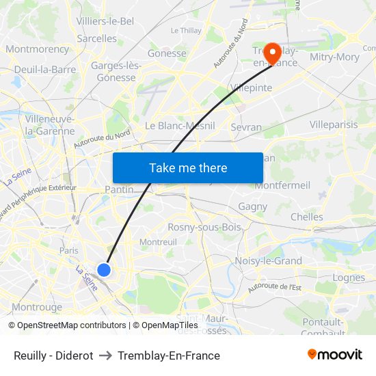 Reuilly - Diderot to Tremblay-En-France map