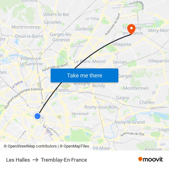 Les Halles to Tremblay-En-France map