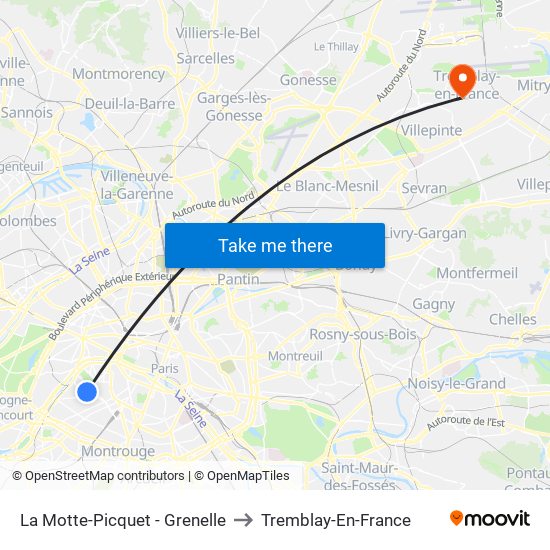 La Motte-Picquet - Grenelle to Tremblay-En-France map
