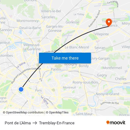Pont de L'Alma to Tremblay-En-France map