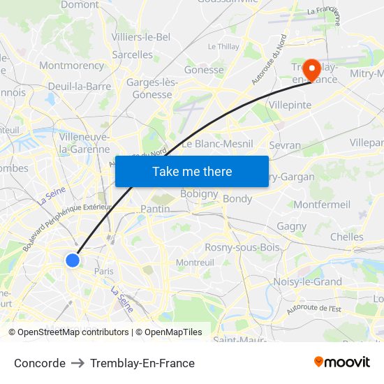 Concorde to Tremblay-En-France map