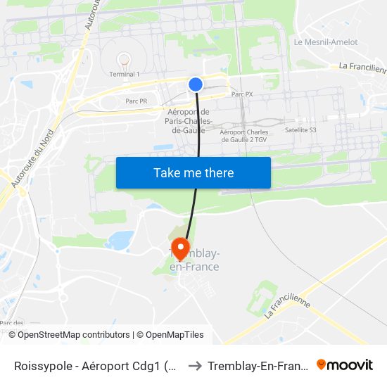 Roissypole - Aéroport Cdg1 (D3) to Tremblay-En-France map