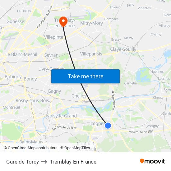 Gare de Torcy to Tremblay-En-France map