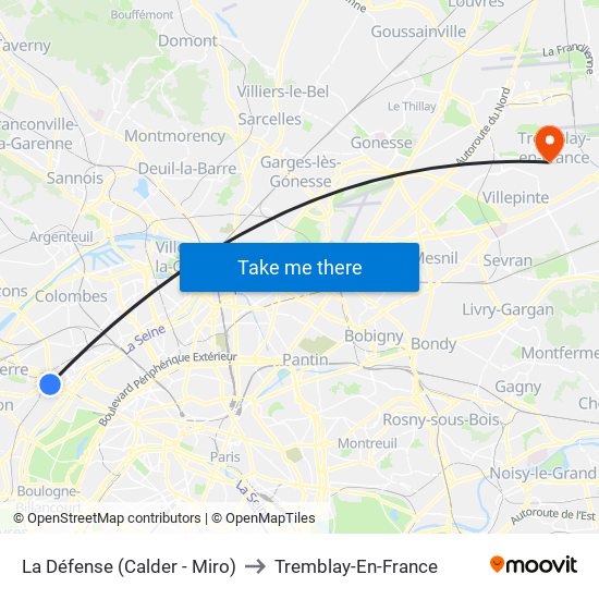 La Défense (Calder - Miro) to Tremblay-En-France map
