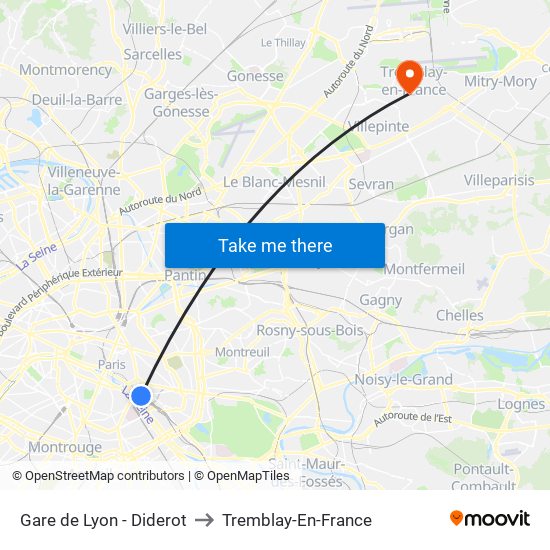 Gare de Lyon - Diderot to Tremblay-En-France map