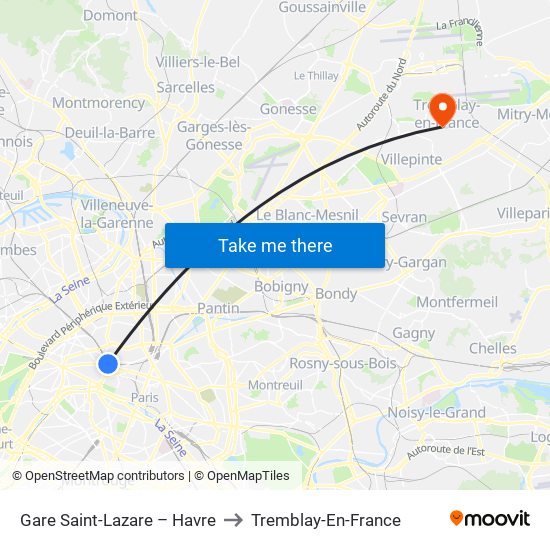 Gare Saint-Lazare – Havre to Tremblay-En-France map