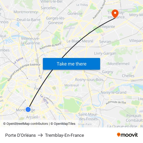 Porte D'Orléans to Tremblay-En-France map