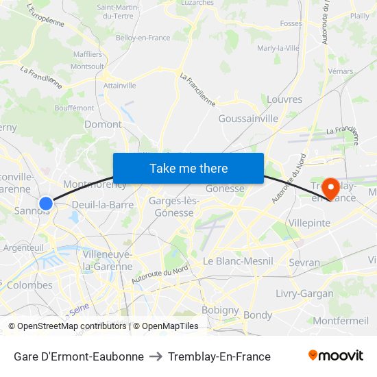 Gare D'Ermont-Eaubonne to Tremblay-En-France map
