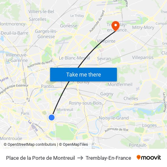 Place de la Porte de Montreuil to Tremblay-En-France map