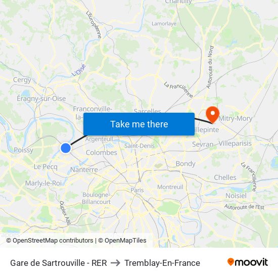 Gare de Sartrouville - RER to Tremblay-En-France map