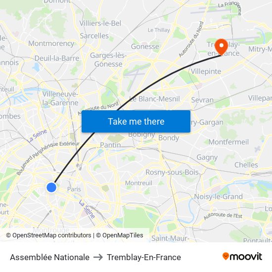 Assemblée Nationale to Tremblay-En-France map