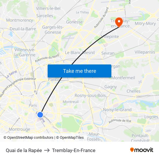 Quai de la Rapée to Tremblay-En-France map