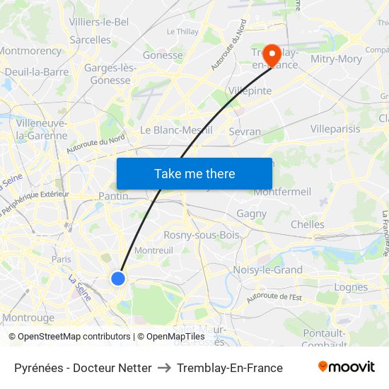 Pyrénées - Docteur Netter to Tremblay-En-France map