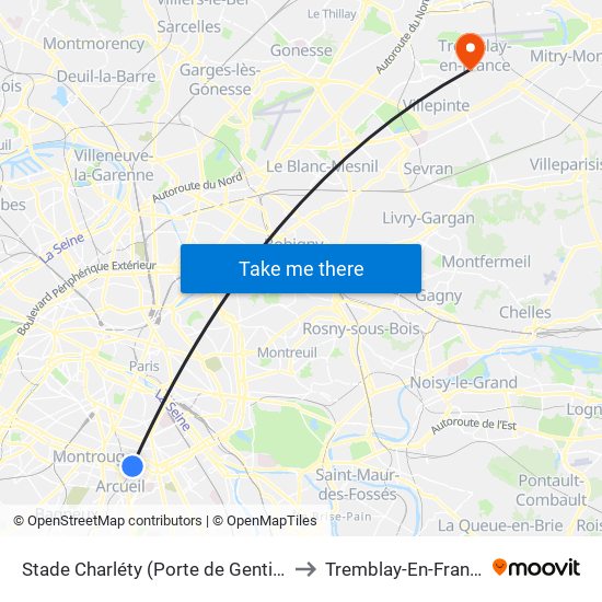 Stade Charléty (Porte de Gentilly) to Tremblay-En-France map
