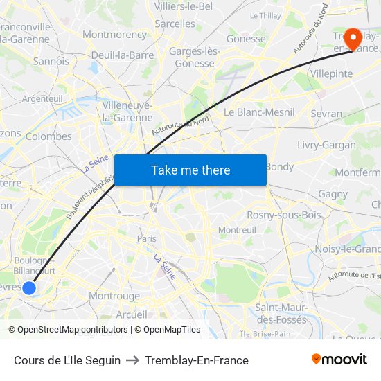 Cours de L'Ile Seguin to Tremblay-En-France map
