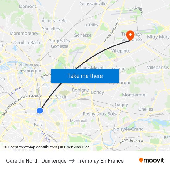 Gare du Nord - Dunkerque to Tremblay-En-France map