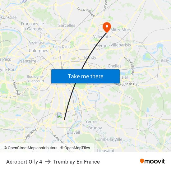 Aéroport Orly 4 to Tremblay-En-France map