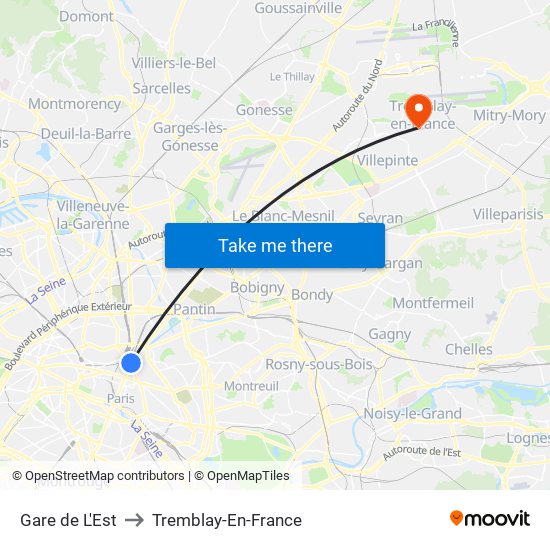 Gare de L'Est to Tremblay-En-France map