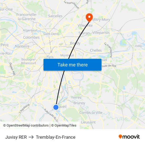 Juvisy RER to Tremblay-En-France map