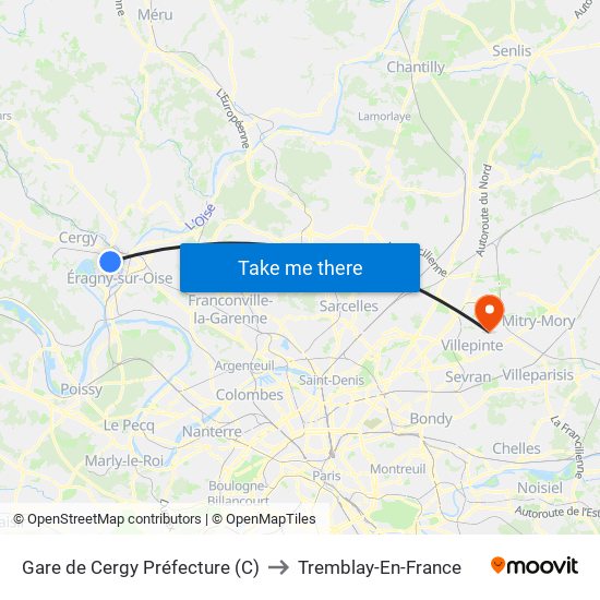 Gare de Cergy Préfecture (C) to Tremblay-En-France map