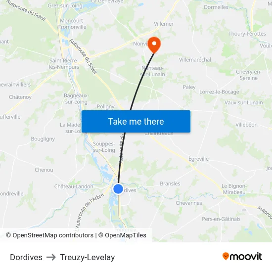 Dordives to Treuzy-Levelay map